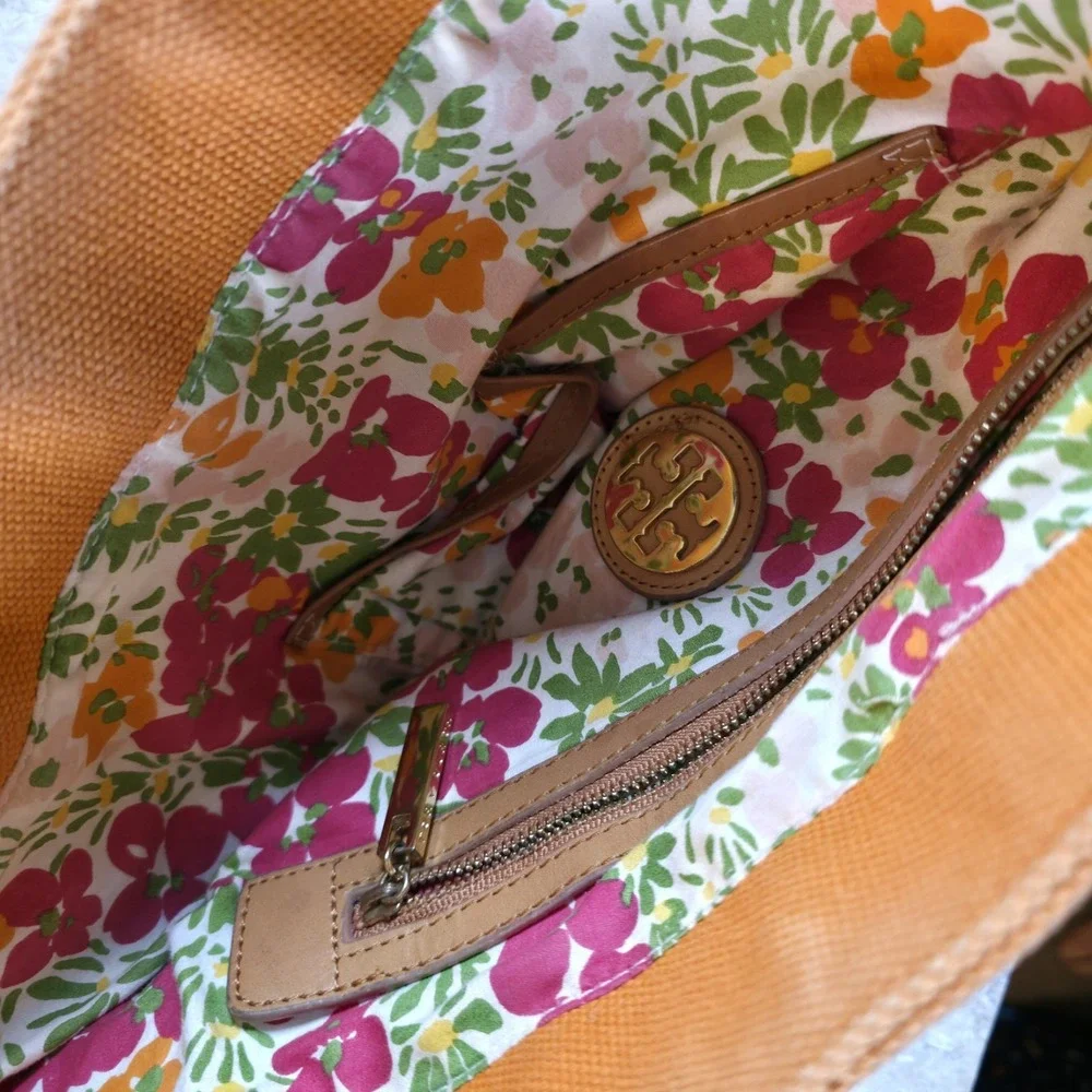 Tory Burch Rustic Fall Pumpkin Orange Canvas Leather Large Tote Bag Floral Lined